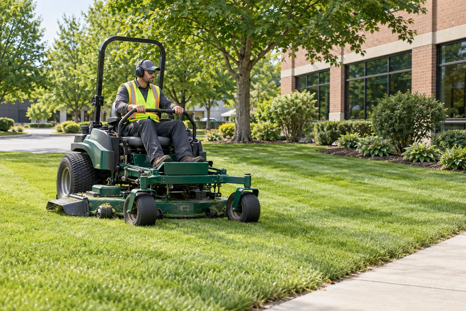 Illustrative commercial mower maintaining a landscaped lawn